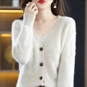 Кардиган, свитер, весна и осень 2022, вязаный кардиган, женская одежда, винтажный жаккардовый топ с v-образным вырезом, однотонный свободный женский свитер One Size зелёный