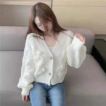 Кардиган, свитер, весна-осень 2022, корейский вязаный женский короткий свитер с v-образным вырезом и бантом, милый свободный свитер, милое пальто-кардиган One Size чёрный