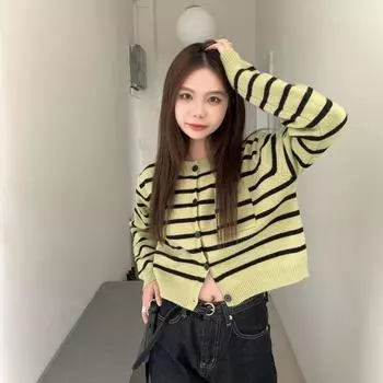 Кардиган, свитер, вязаная рубашка в полоску, осенняя одежда, топ, кардиган с напуском и длинными рукавами, короткий свитер в стиле ретро, пальто, женский кардиган