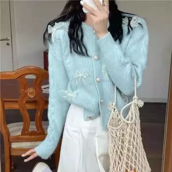 Кардиган, свитер женский, 2022, милый повседневный дизайн, трикотаж с круглым вырезом, милый женский универсальный свитер с длинными рукавами, женский кардиган