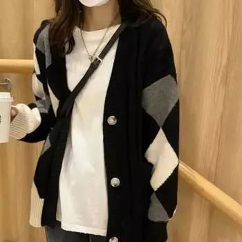 Кардиган-свитер женский, новинка 2022 года, весенне-осенний вязаный кардиган в стиле ретро со стразами, женский ленивый кардиган для женщин One Size чёрный