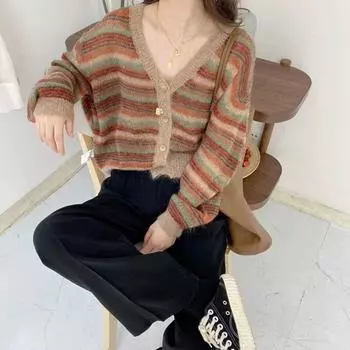 Кардиган-свитер женский, новинка 2023 года, ленивый топ, маленький ароматный свободный свитер, весенне-осенний вязаный повседневный кардиган с v-образным вырезом, женское пальто