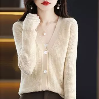 Кардиган-свитер женский, осень 2023, свободный вязаный осенний кардиган-свитер с длинными рукавами, женский вязаный верх с v-образным вырезом, осень 2023