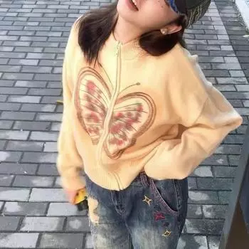 Кардиган-свитер женский, осень 2023, винтажный вязаный кардиган с круглым вырезом и принтом бабочки, короткий свободный свитер, женское пальто, верх One Size зелёный