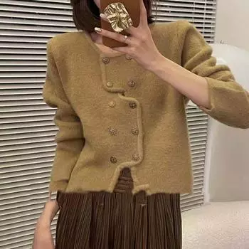 Кардиган-свитер женский, осень-зима 2022, ароматный вязаный свитер с круглым вырезом и длинными рукавами, повседневное пальто-кардиган с крестообразными пуговицами One Size зелёный