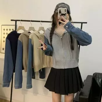 Кардиган, свитер, женский, осень/зима 2023, повседневный дизайн, с капюшоном, джинсовая вставка, короткий свитер с длинными рукавами, женский кардиган, пальто One Size хаки