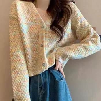 Кардиган-свитер женский, осень-зима 2023, тонкий короткий свитер с цветочным принтом, пальто, женский нежный свободный универсальный вязаный кардиган женский