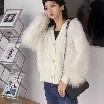 Кардиган, свитер, женский осенне-зимний корейский флис из искусственной норки, свободный и тонкий свитер, вязаный кардиган для женщин, верхняя одежда One Size зелёный