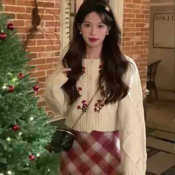 Кардиган, свитер, женский осенне-зимний милый свитер с круглым вырезом и вышивкой, кардиган с длинными рукавами и маленьким цветком, женское модное пальто One Size хаки