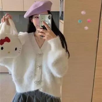 Кардиган, свитер, женский осенне-зимний свитер из искусственного норкового флиса, пальто, женский однобортный вязаный свитер с v-образным вырезом и бантом One Size розовый