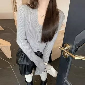 Кардиган, свитер, женский осенне-зимний уникальный специальный искусственный свитер из двух предметов с подвесным воротником, вязаный нижний кардиган, женский топ