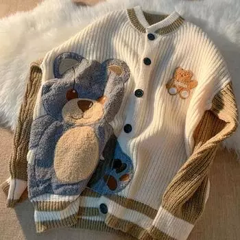 Кардиган, свитер, женский осенний милый вязаный кардиган с милым медведем, свободная эластичная куртка-кардиган, удобные повседневные универсальные топы S белый