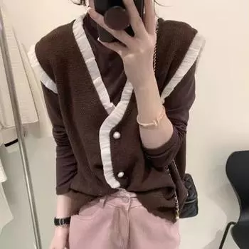 Кардиган, свитер, женский, с v-образным вырезом, кружевной вязаный жилет, женская повседневная верхняя одежда без рукавов, свитер, кардиган, жилет, женские топы