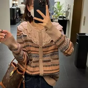 Кардиган, свитер, женский сказочный тренд, кардиган, свитер с длинным рукавом, повседневный трикотаж со знаменитостями, кукольным вырезом, свитер, женский кардиган