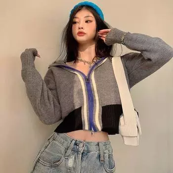 Кардиган, свитер, женский свитер с длинными рукавами, повседневный универсальный, контрастного цвета, повседневный вязаный женский кардиган на молнии One Size чёрный