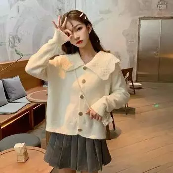 Кардиган, свитер, женский, уменьшающий возраст, однотонный универсальный вязаный свитер, пальто, свободный повседневный однотонный свитер с кукольным вырезом, женские топы One Size чёрный