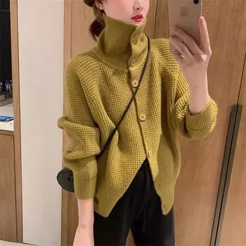 Кардиган, свитер женский, вафельная водолазка, вязаный женский свободный повседневный свитер, однобортный свитер, кардиган, пальто One Size небесно-голубой