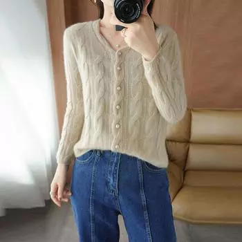 Кардиган, свитер, женский весенне-осенний шерстяной свитер с длинным рукавом и v-образным вырезом, однотонное короткое пальто, свитер, кардиган, женские топы One Size розовый