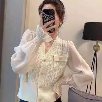 Кардиган-свитер женский весенний v-образный вырез с золотыми пуговицами, шифоновые рукава, эластичный вязаный универсальный свитер с длинными рукавами One Size розовый