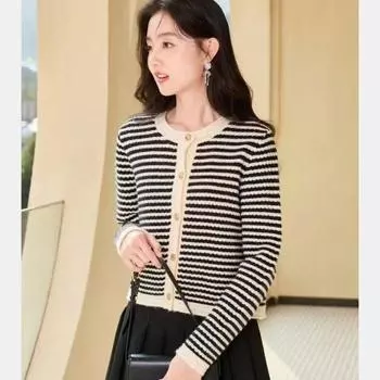 Кардиган, свитер, женский, весна 2023, ленивый вязаный кардиган, пальто с длинными рукавами, ароматный свитер в французскую полоску, кардиган, женский топ
