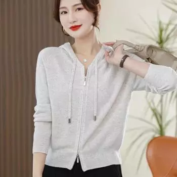 Кардиган, свитер женский, весна 2023, новая женская вязаная рубашка с капюшоном, корейский модный повседневный свитер, универсальное пальто One Size зелёный