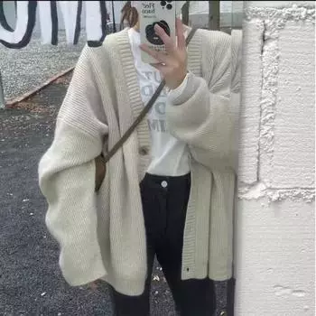 Кардиган-свитер женский, весна 2023, вязаный кардиган, женский однотонный мягкий клейкий свободный верх с ленивым свитером с v-образным вырезом, пальто One Size чёрный