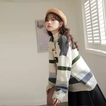 Кардиган-свитер женский, весна-осень 2023, новый японский трикотаж с напуском в стиле ретро, полосатый кардиган премиум-класса, свитер-пальто для женщин