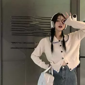 Кардиган, свитер женский, воротник-поло, короткая куртка, вязаный свитер, дизайн, универсальная верхняя одежда с длинными рукавами, женский свитер One Size зелёный