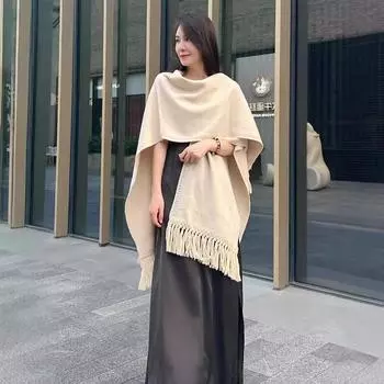 Кардиган свитер женский вязаный шарф накидка стиль внешний с зимней бахромой шаль накидка куртка высокого класса One size хаки