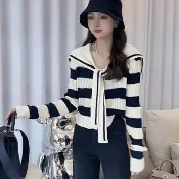 Кардиган темно-синего цвета с вырезом, вязаный женский дизайнерский свитер, осень 2023, новый тонкий и универсальный кардиган с длинными рукавами в морском стиле, женский свитер One Size чёрный