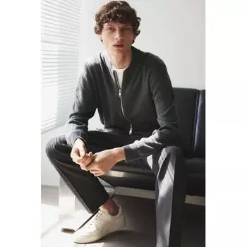 Кардиган тонкой вязки HM slim fit в стиле бомбер, темно-серый меланж M