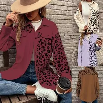 Кардиган Топы Осень и зима Новый леопардовый принт однобортный пиджак средней длины рубашка пальто для женщин S темно-коричневого
