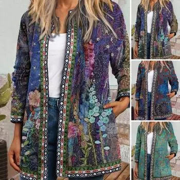 Кардиган Винтаж U-образный вырез Цветочный принт Насыщенные цвета Длинные рукава Карманы Цветной Свободный Этнический Открытый 4XL фиолетовый