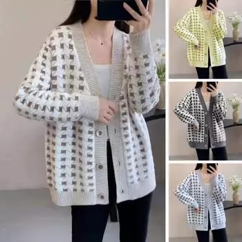 Кардиган Вязаный толстый однобортный клетчатый принт в тон с V-образным вырезом и длинными рукавами Холодостойкий мягкий свободный женский XL чёрный