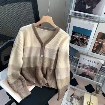 Кардиган в контрастную полоску с v-образным вырезом вязаный свитер для женщин осенне-зимний свободный винтажный свитер женский топ One Size синий