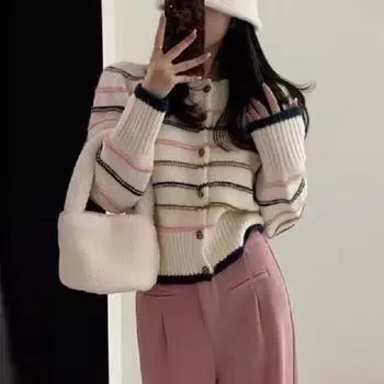 Кардиган в контрастную полоску, свитер, женское пальто на весну и осень 2023, свободный корейский вариант, ленивый вязаный свитер, женский топ One Size чёрный