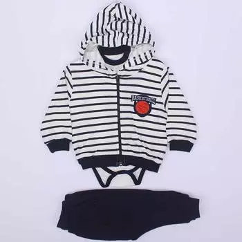 Кардиган в полоску с баскетбольным гербом цвета экрю темно-синего цвета для мальчика, комплект из трех предметов