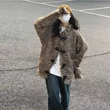 Кардиган в стиле ретро в стиле хип-хоп, уличный свитер с пуговицами из коровьего рога для женщин, весенне-осенний свободный вязаный свитер, женские топы One Size темно-коричневого