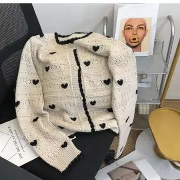 Кардиган, весенний гонконгский ретро-шик, уникальный верх, элитный вид и очень красивый вязаный жакет с тонким низом, свитер One Size абрикосовый