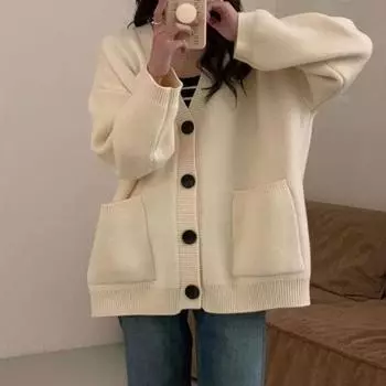 Кардиган, весенний корейский универсальный свободный кардиган с длинными рукавами и v-образным вырезом, свитер, пальто, женский повседневный универсальный трикотаж, женский свитер One Size зелёный