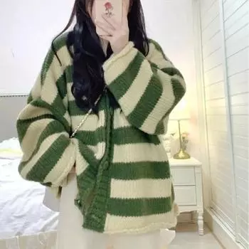 Кардиган весна и осень Академия милая полоска кардиган с v-образным вырезом вязаный свитер студентка корейский свободный свитер верхнее пальто One Size зелёный