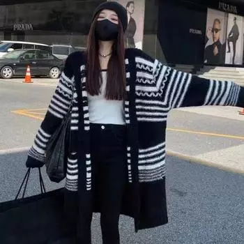 Кардиган, винтажный свитер в волнистую полоску, черно-белый контрастный вязаный кардиган, свободное вязаное пальто средней длины с капюшоном для женщин