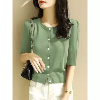 Кардиган вязаный из ледяного шелка с круглым вырезом и рукавами 3/4, классический фиолетовый