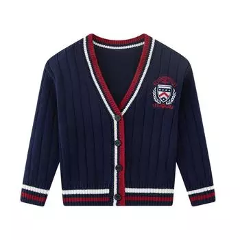 Кардиган вязаный контрастного цвета в стиле колледжа, с вышивкой, для мальчиков и девочек, школьная форма, классная форма, детский свитер-кардиган, куртка 90cm