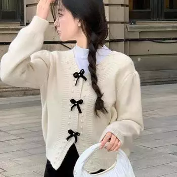 Кардиган женский 2023, осень и зима, милый и нежный стиль, галстук-бабочка с v-образным вырезом, маленький свитер, трикотаж, женский зарубежный корейский свитер One Size розовый