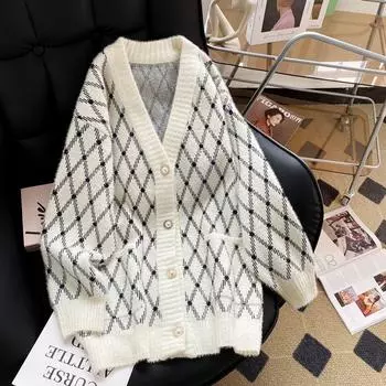 Кардиган женский 2023 осень/зима новый ромбовидный клетчатый винтажный норковый вязаный топ повседневный кардиган свитер женский пальто One Size чёрный