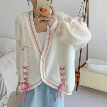 Кардиган женский дизайн на шнуровке, свитер с жареным тестом, женский свитер с v-образным вырезом и контрастным цветным краем, свободный женский ленивый свитер One Size бежевый