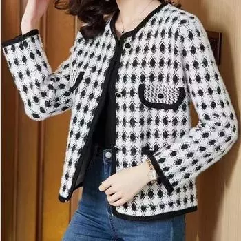 Кардиган женский осенне-зимний маленький аромат имитация норкового флиса вязаный свитер пальто женский свободный кардиган с длинным рукавом One Size чёрный