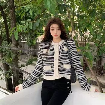 Кардиган женский осенне-зимний свитер с длинными рукавами и круглым вырезом в полоску контрастного цвета, свободный короткий свитер