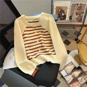 Кардиган женский осенний искусственный двухсекционный вязаный свитер в западном стиле и женский дизайн с сращенным верхом свитера кардиган женский